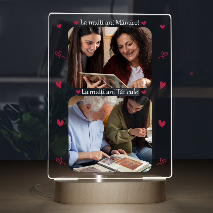 Lampa iluminata  3D cu baza din lemn o poza  text si data, model La multi ani mamico La multi ani taticule,pentru parinti [2]