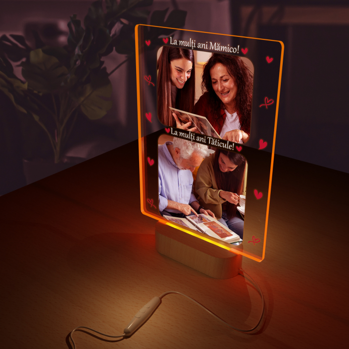 Lampa iluminata  3D cu baza din lemn o poza  text si data, model La multi ani mamico La multi ani taticule,pentru parinti [3]