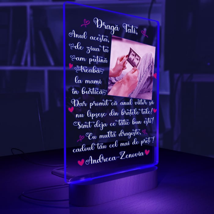 Lampa iluminata  3D cu baza din lemn o poza  text si data, model pentru viitori parinti [5]