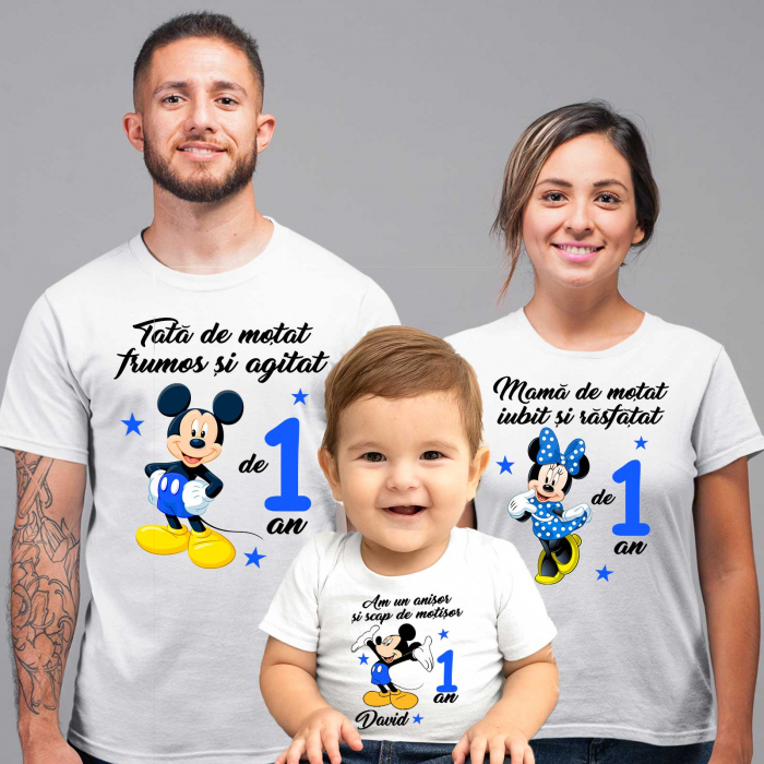 Pachet  Set de 5 tricouri aniversare pentru nasi, parinti si copil "Am un anisor si scap de motisor" model Mickey Mouse+Set tavita mot cu model Mickey Mouse [2]