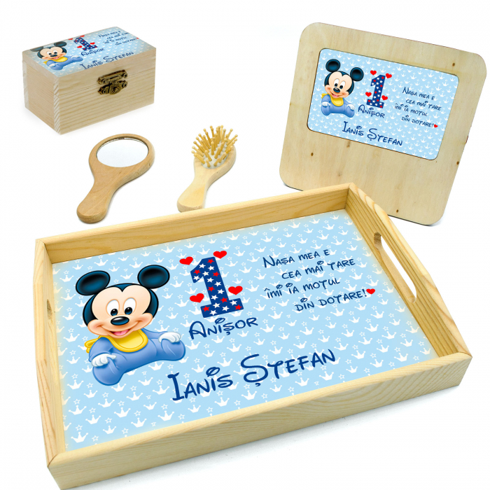 Pachet  Set de 5 tricouri aniversare pentru nasi, parinti si copil "Am un anisor si scap de motisor" model Mickey Mouse+Set tavita mot cu model Mickey Mouse [3]