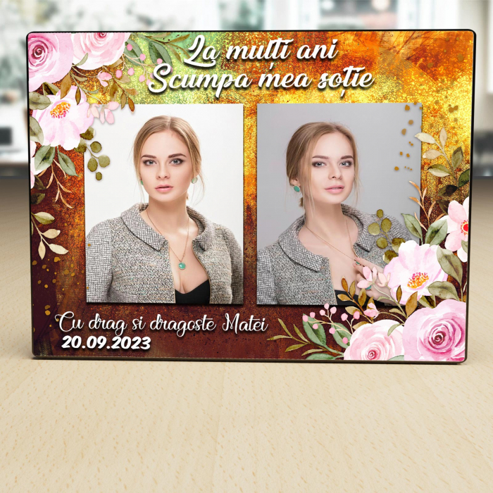 Placheta Personalizata lemn La multi ani scumpa mea sotie doua poze cu nume [2]