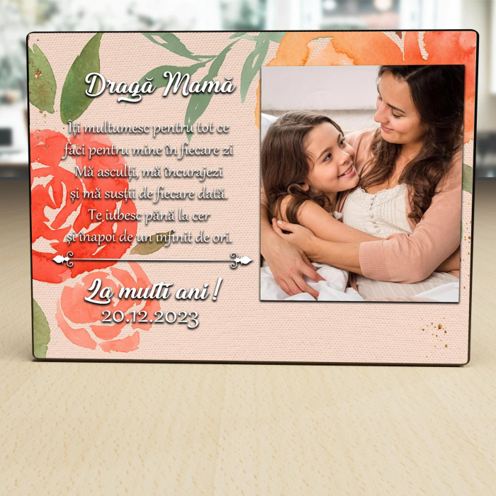 Placheta Personalizata lemn Draga Mama O poza ,Data si Mesaj [2]