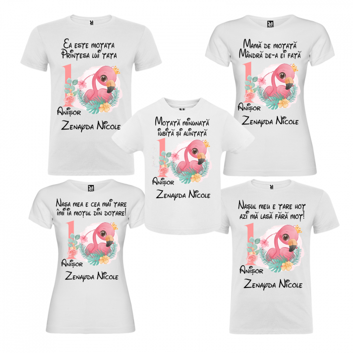 Set 5 tricouri Mot aniversare nasi, parinti si copil personalizate Flamingo [2]