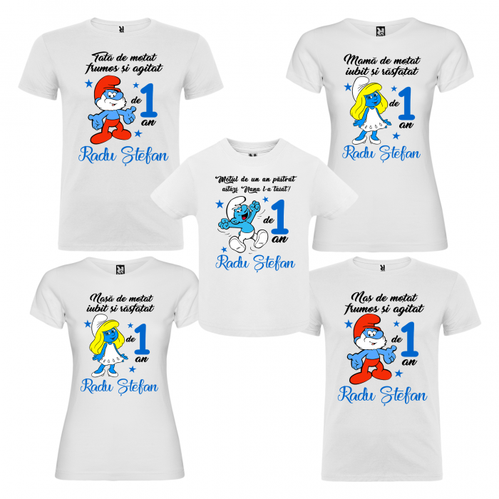 Set de 5 tricouri aniversare pentru nasi,parinti si copil, personalizate cu nume,varsta si mesaj,strumfi [1]