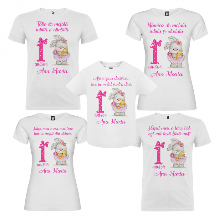 Set de 5 tricouri aniversare pentru nasi,parinti si copil,personalizate cu model iepuras [1]