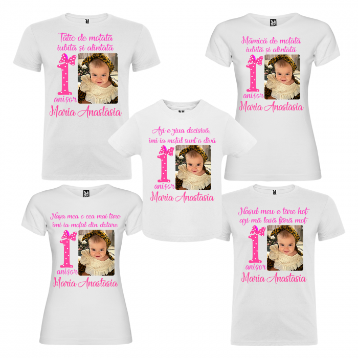 Set de 5 tricouri aniversare pentru nasi, parinti si copil, personalizate cu  nume, varsta, mesaj si poza [1]