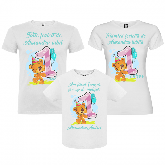 Set de 5 tricouri aniversare pentru nasi, parinti si copil, personalizate cu model Ursulet [1]