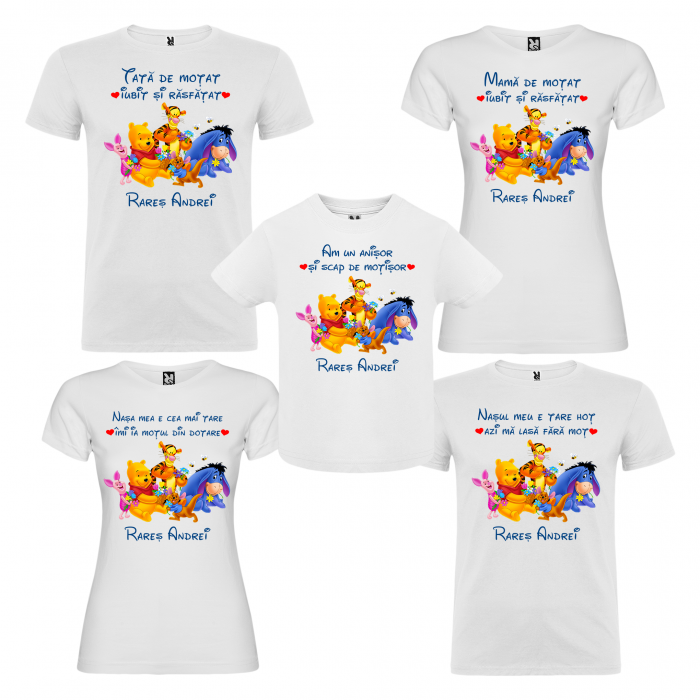 Set de 5 tricouri aniversare pentru nasi,parinti si copil,personalizate cu prietenii lu Winnie [1]