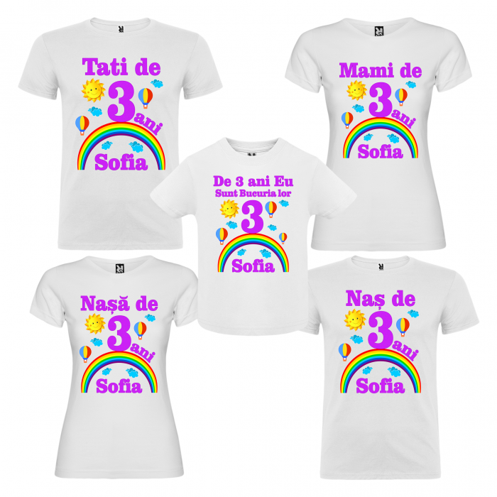 Set de 5 tricouri aniversare  pentru nasi,parinti si copil, personalizate cu nume,varsta si mesaj,eu sunt bucuria lor [1]