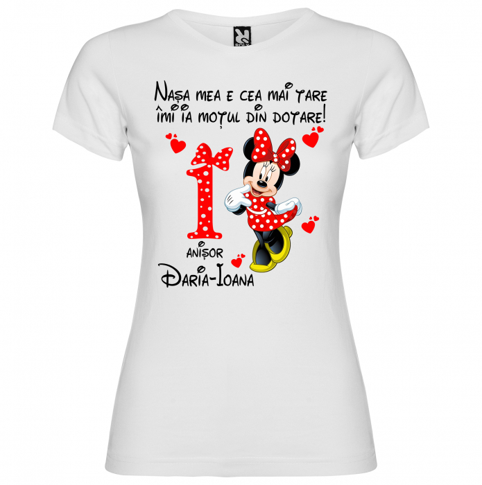 Set de 5 tricouri aniversare pentru nasi,parinti si copil, personalizate cu nume,varsta si mesaj"Motata minunata iubita si alintata,Minnie" [3]