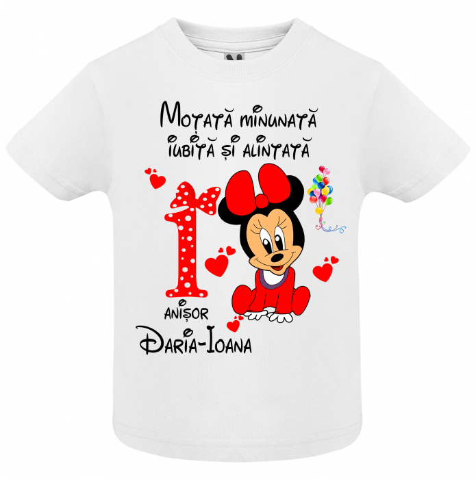 Set de 5 tricouri aniversare pentru nasi,parinti si copil, personalizate cu nume,varsta si mesaj"Motata minunata iubita si alintata,Minnie" [4]