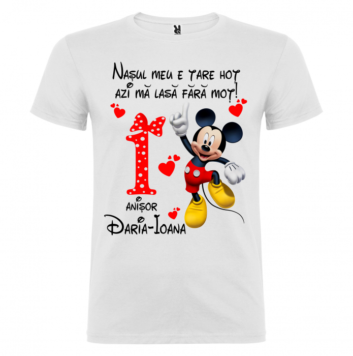 Set de 5 tricouri aniversare pentru nasi,parinti si copil, personalizate cu nume,varsta si mesaj"Motata minunata iubita si alintata,Minnie" [7]