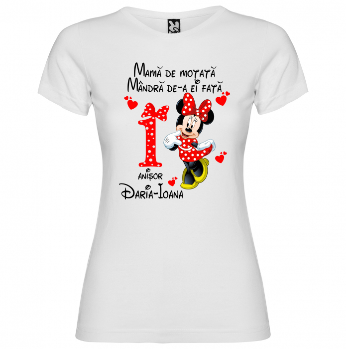 Set de 5 tricouri aniversare pentru nasi,parinti si copil, personalizate cu nume,varsta si mesaj"Motata minunata iubita si alintata,Minnie" [5]