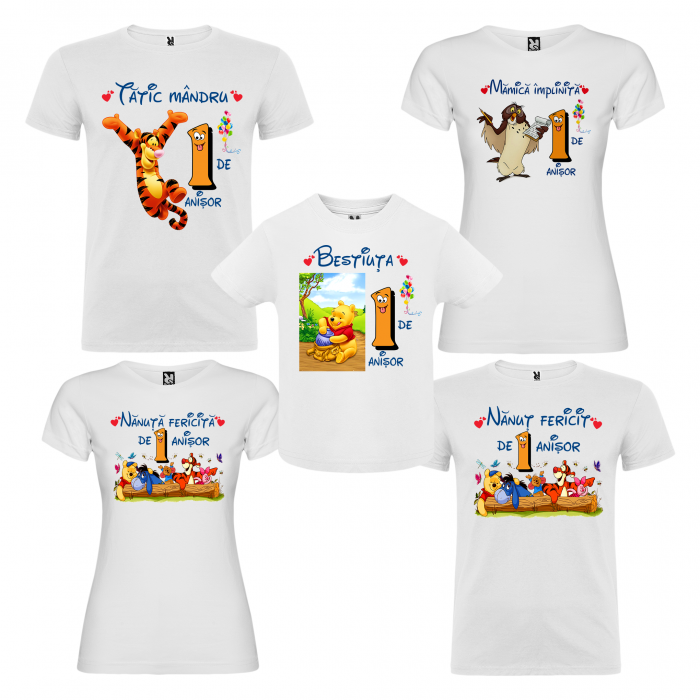 Set de 5 tricouri aniversare pentru nasi,parinti si copil, personalizate cu nume,varsta si mesaj"Bestiuta" [1]