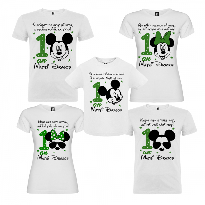 Set de 5 tricouri aniversare pentru nasi, parinti si copil, personalizate  Mickey 1 an verde [2]