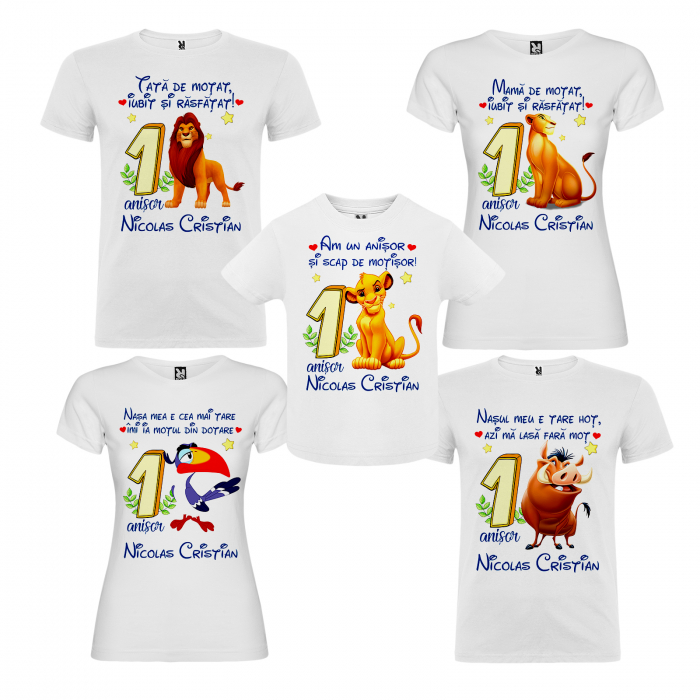 Set de 5 tricouri aniversare pentru nasi, parinti si copil, personalizate model Lion King [2]