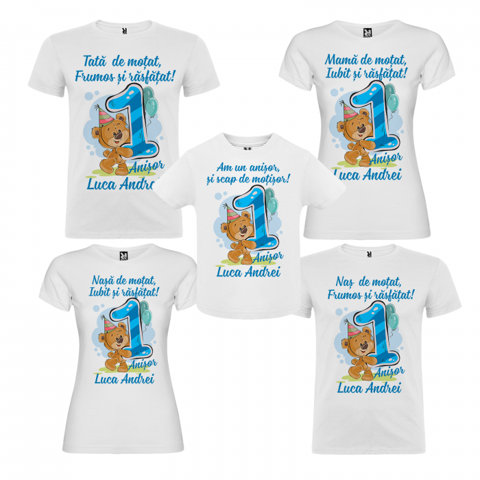 Set de 5 tricouri aniversare pentru nasi, parinti si copil, personalizate cu nume mama de motat model albastru cu Ursulet [2]