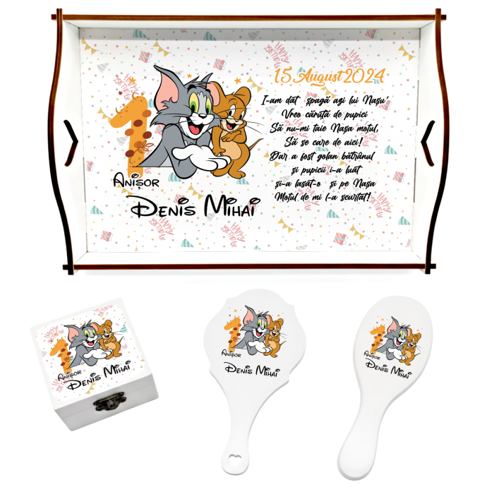 Set de 5 tricouri aniversare pentru nasi, parinti si copil, personalizate nume, Model  Tom si Jerry [4]
