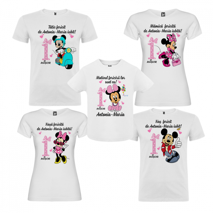 Set de 3 tricouri aniversare pentru parinti si copil, personalizate model Minnie [2]