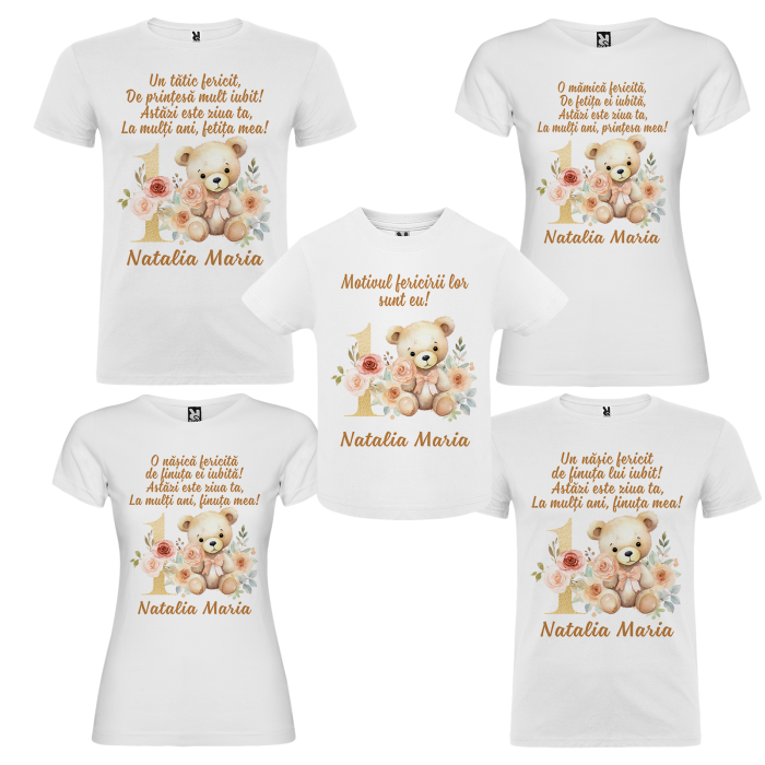 Set de 5 tricouri personalizate pentru nasi, parinti si copil Ursulet Auriu [2]