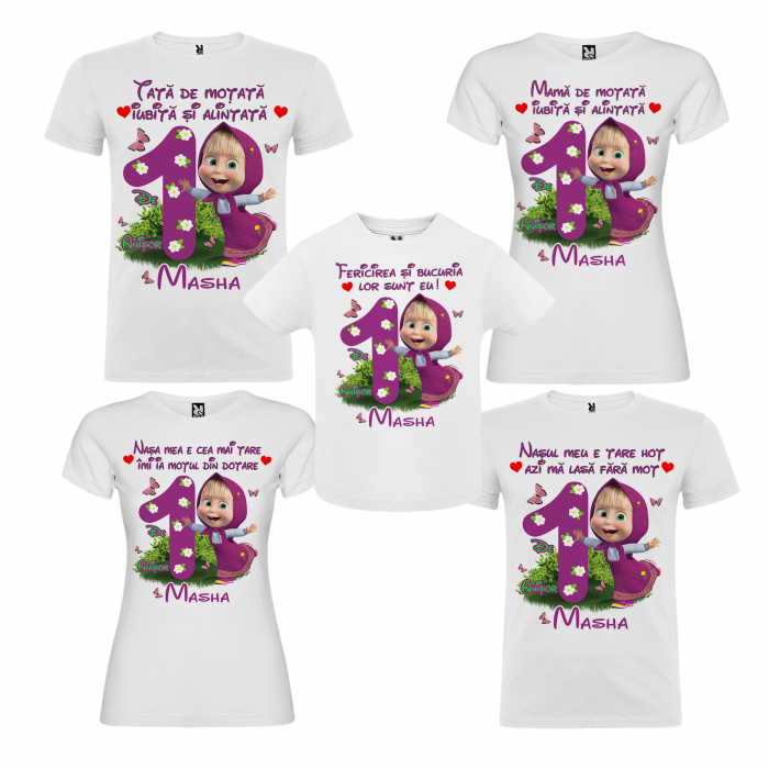 Set de 5 tricouri personalizate pentru nasi, parinti si copil MASHA cu Fluturi [2]