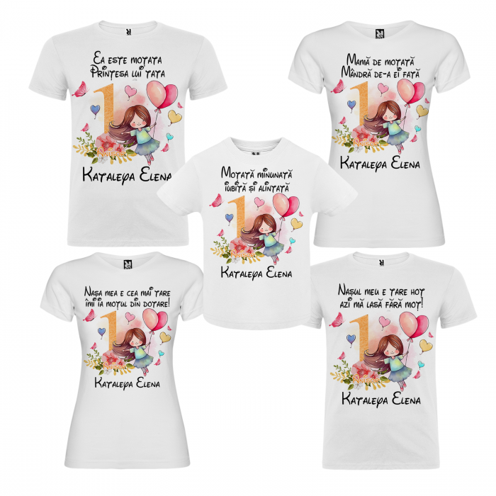Set de 5 tricouri personalizate pentru nasi, parinti si copil Fetita cu baloane [2]