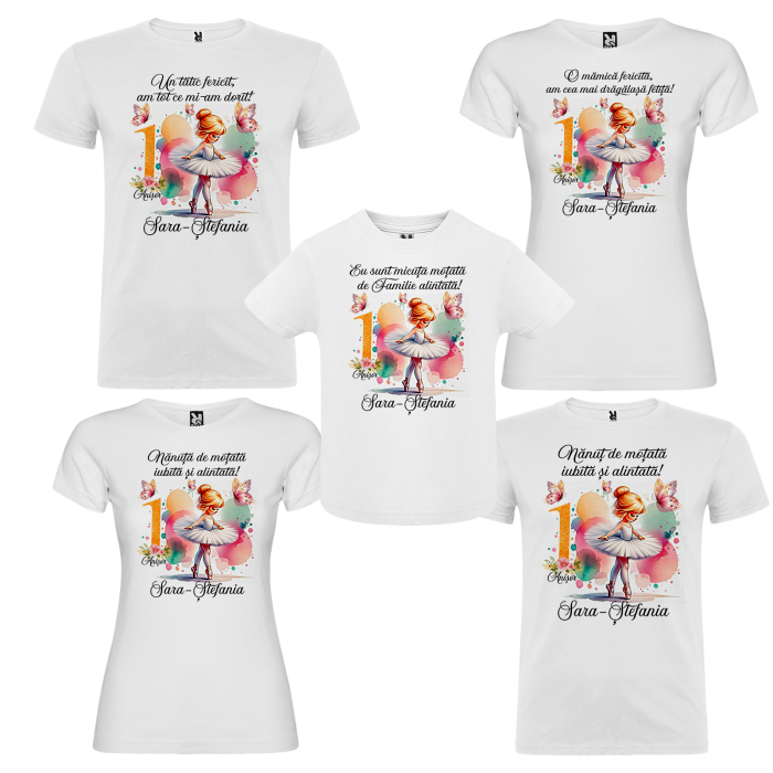 Set de 5 tricouri personalizate pentru nasi, parinti si copil Watercolor Balerina [2]
