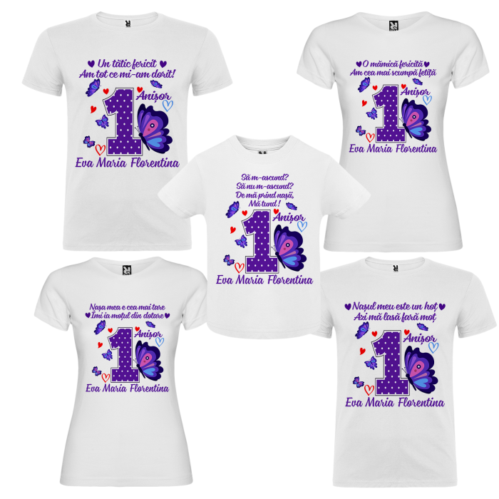 Set de 5 tricouri personalizate pentru nasi, parinti si copil Fluture [2]