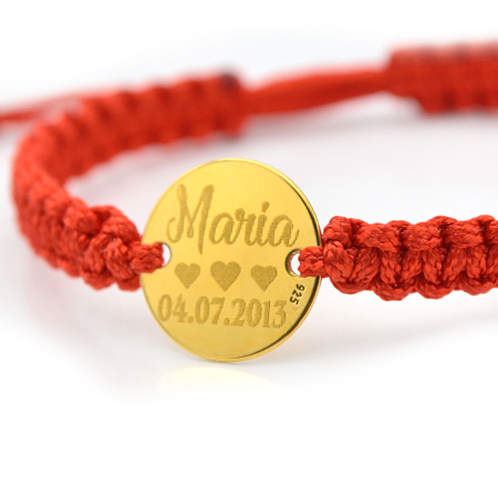 Bratara personalizata cu snur impletit si banut de 12 mm din argint 925 placat cu aur,gravata cu nume si simbol [2]