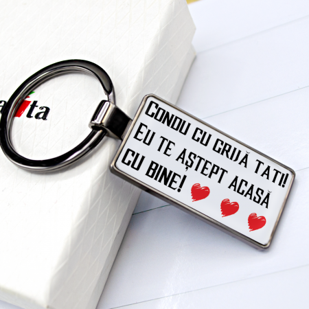 Breloc personalizat cu poza si "Condu cu grija Tati"