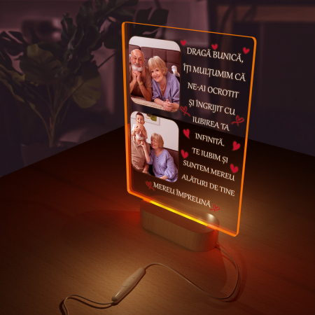Lampa iluminata  3D cu baza din lemn 2 poze si text model pentru Bunica [4]