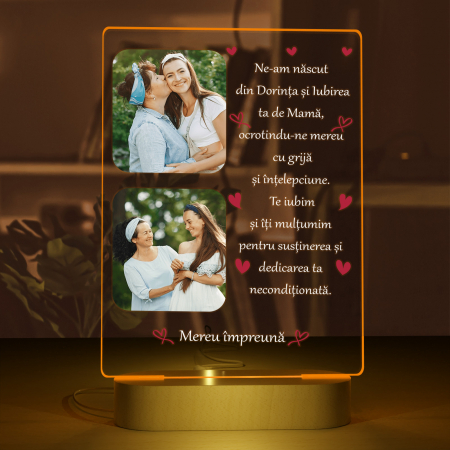 Lampa  3D iluminata cu baza din lemn 2 poze si text model pentru mama [2]