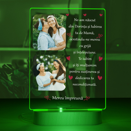 Lampi 3D personalizate - Lampa  3D iluminata cu baza din lemn 2 poze si text model pentru mama