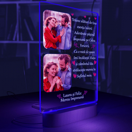 Lampa  3D iluminata cu baza din lemn cu 2 poze si text model pentru indragostiti traiesc alaturi de tine [5]