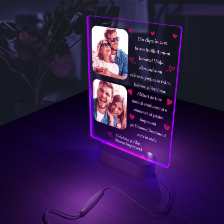 Lampa 3D iluminata cu baza din lemn model pentru indragostiti 2 poze si text [6]