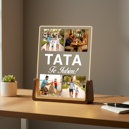 Lampi 3D personalizate - Lampa 3D LED cu baza de lemn masiv personalizata cu 4 poze pentru Tata