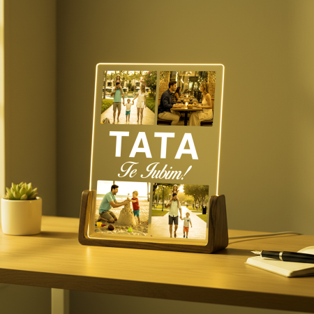 Lampa 3D LED cu baza de lemn masiv personalizata cu 4 poze pentru Tata [1]