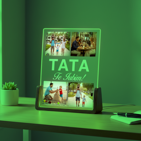 Lampa 3D LED cu baza de lemn masiv personalizata cu 4 poze pentru Tata [2]
