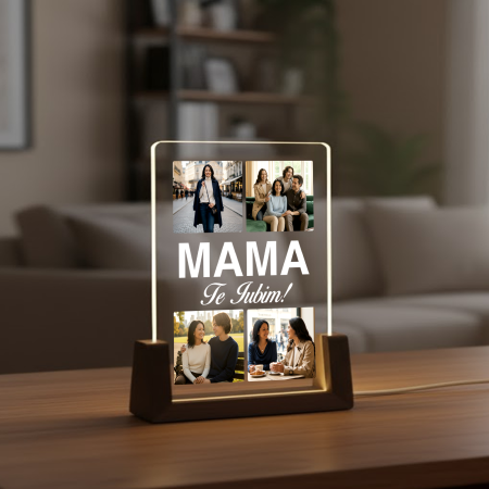 Lampi 3D personalizate - Lampa 3D LED cu baza de lemn masiv personalizata cu 4 poze pentru Mama