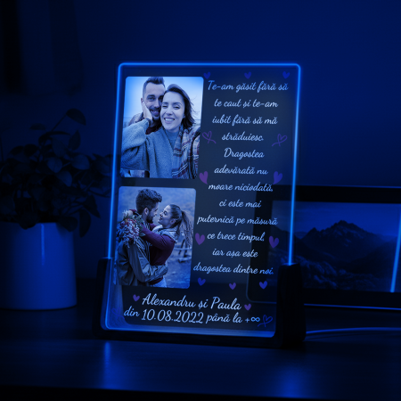 Lampa 3D LED cu baza de lemn personalizata cu 2 poze nume,data si text Te-am gasit fara sa te caut.. [4]