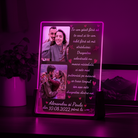 Lampa 3D LED cu baza de lemn personalizata cu 2 poze nume,data si text Te-am gasit fara sa te caut.. [5]