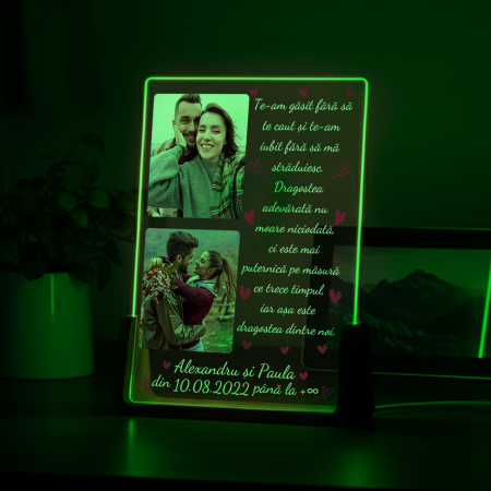 Lampa 3D LED cu baza de lemn personalizata cu 2 poze nume,data si text Te-am gasit fara sa te caut.. [3]