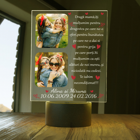 Lampi 3D personalizate - Lampa 3D luminoasa personalizata cu 2 poze si text Draga Mama