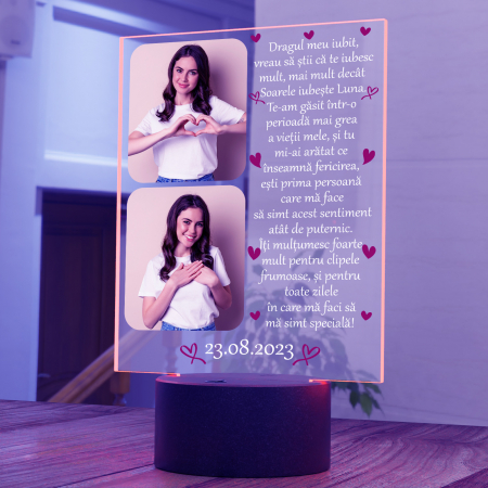 Lampi 3D personalizate - Lampa 3D luminoasa personalizata cu 2 poze si text Pentru iubit