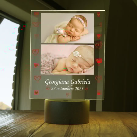 Lampi 3D personalizate - Lampa 3D luminoasa personalizata cu 2 poze si nume si data Nou nascut