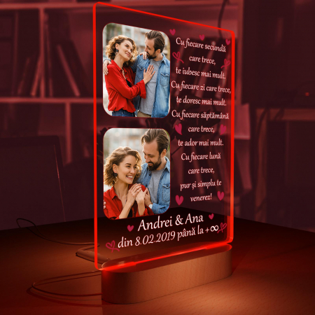 Lampa iluminata  3D cu baza din lemn 2 poze text si data, model pentru Indragostit [5]