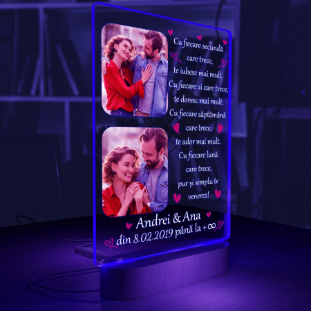 Lampa iluminata  3D cu baza din lemn 2 poze text si data, model pentru Indragostit [4]