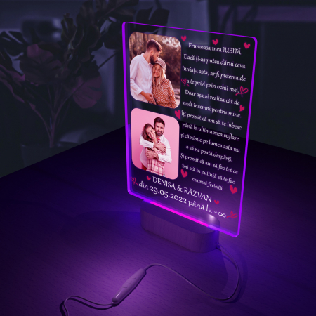 Lampa iluminata  3D cu baza din lemn 2 poze si text model pentru iubita [6]