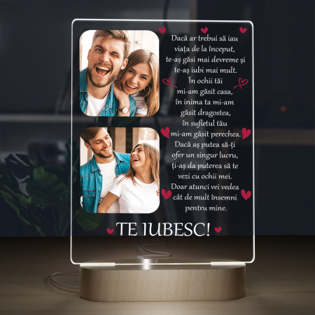 Lampi 3D personalizate - Lampa iluminata  3D cu baza din lemn 2 poze si text model pentru Iubit,Iubita